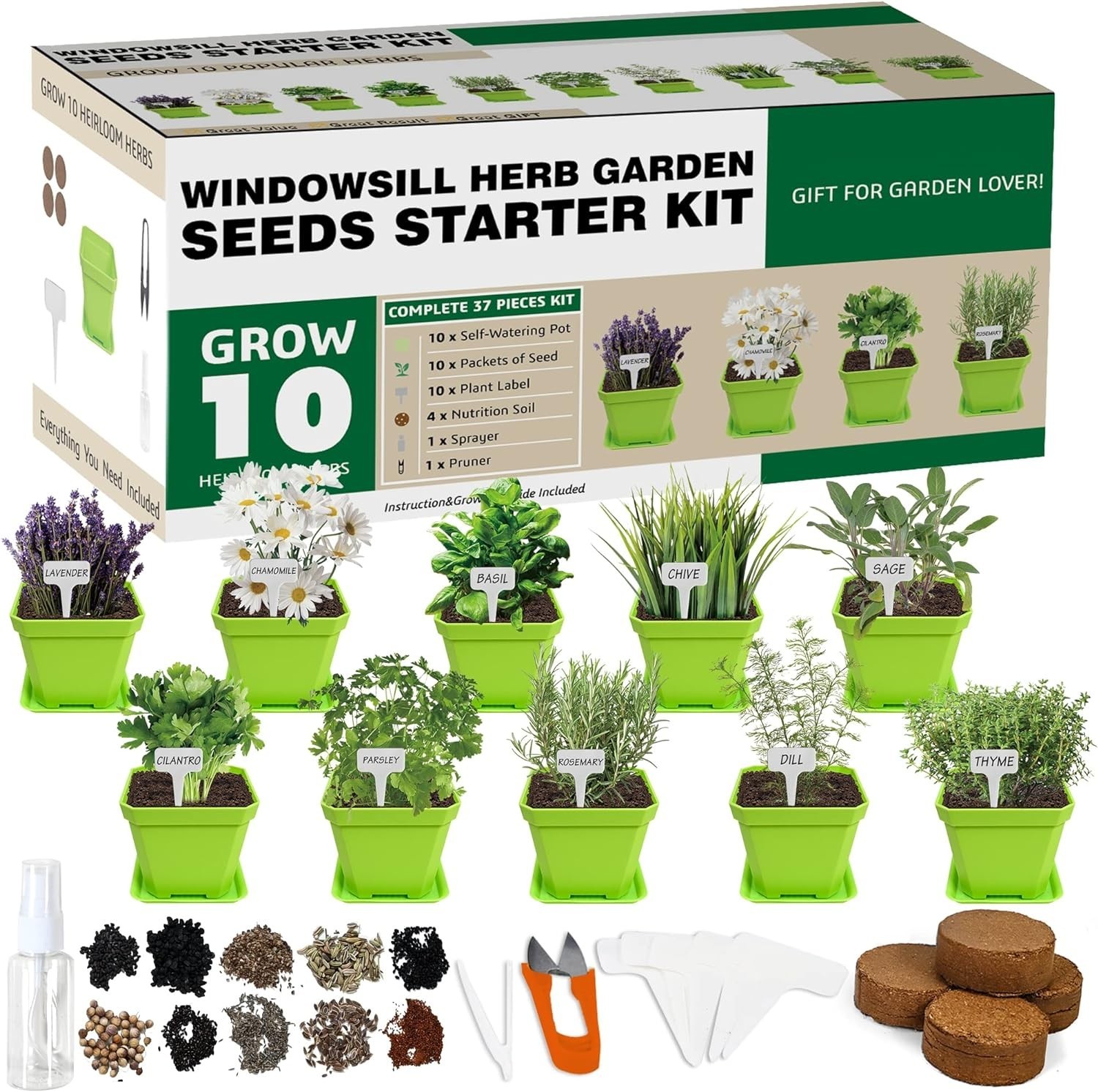 10 Herb Seeds Garden Starter Grow Kit with Green Pots, Markers, Nutritional S…