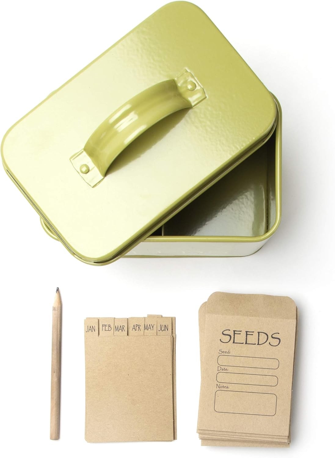 Steel Seed Storage Box Organiser in Green. Compact Seed Packet Container