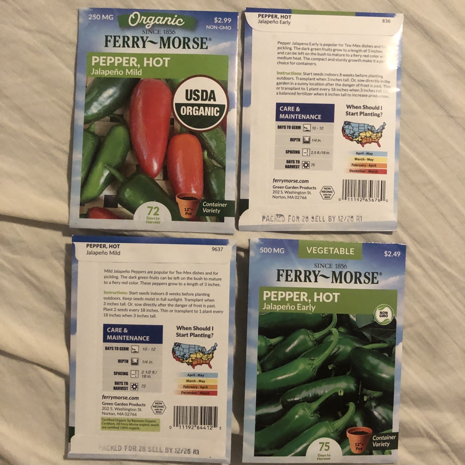 4 packs Hot Pepper Seeds FERRY-MORSE Garden Starters, Jalapeño – 2 Mild, 2 Early