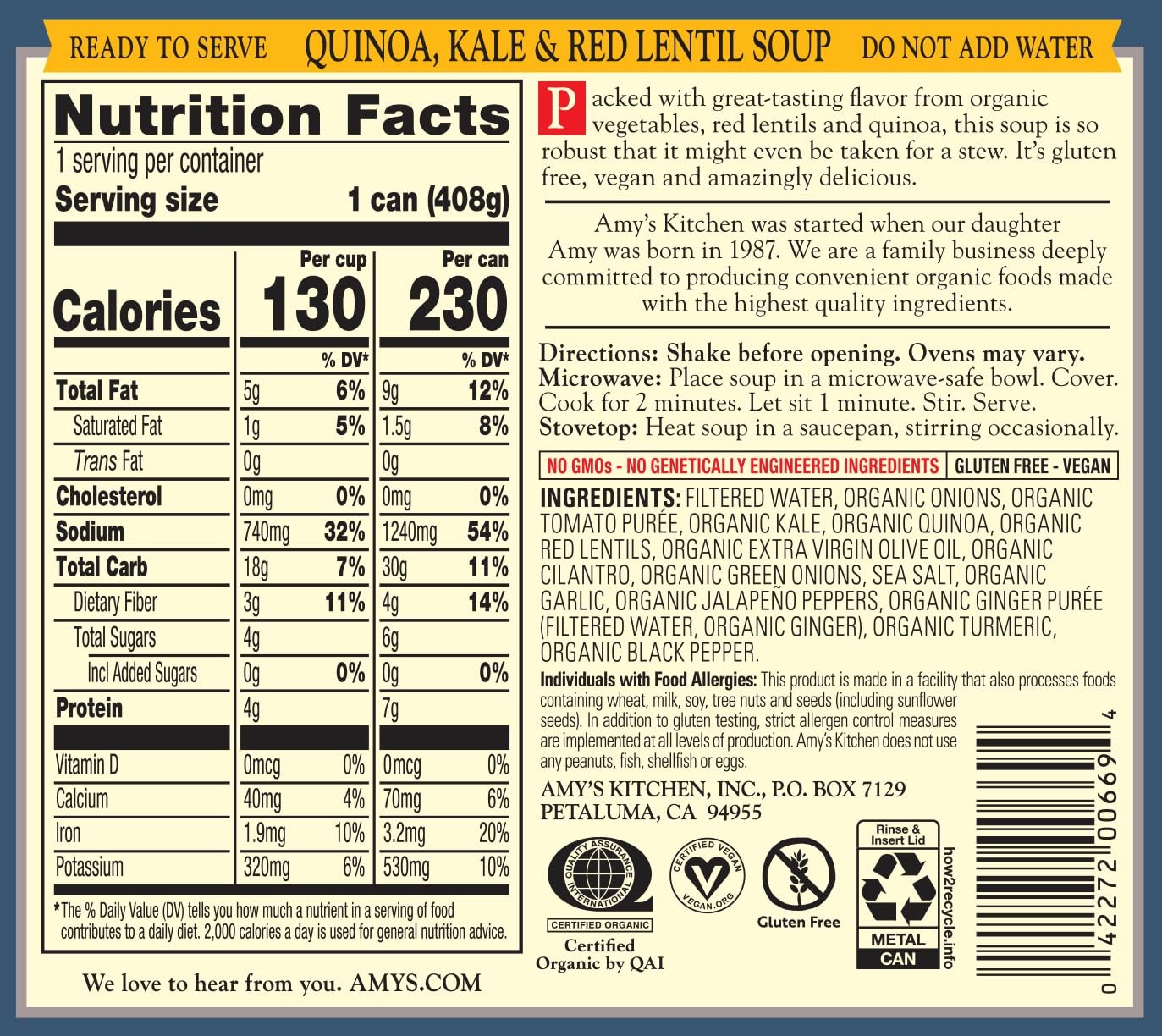 Amy’s Soup, Vegan, Gluten Free, Organic Kale, Quinoa and Red Lentil, 14.4 Ounce