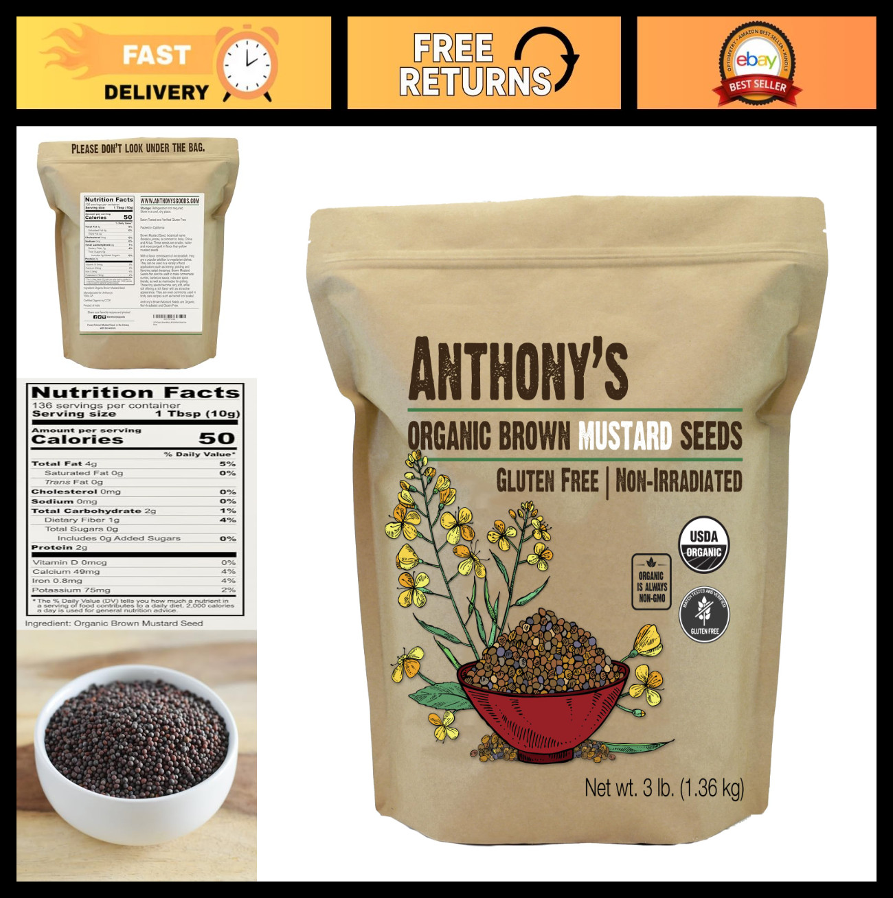 Organic Brown Mustard Seeds 3 lb – Gluten Free, Non-GMO, Keto-Friendly Spice