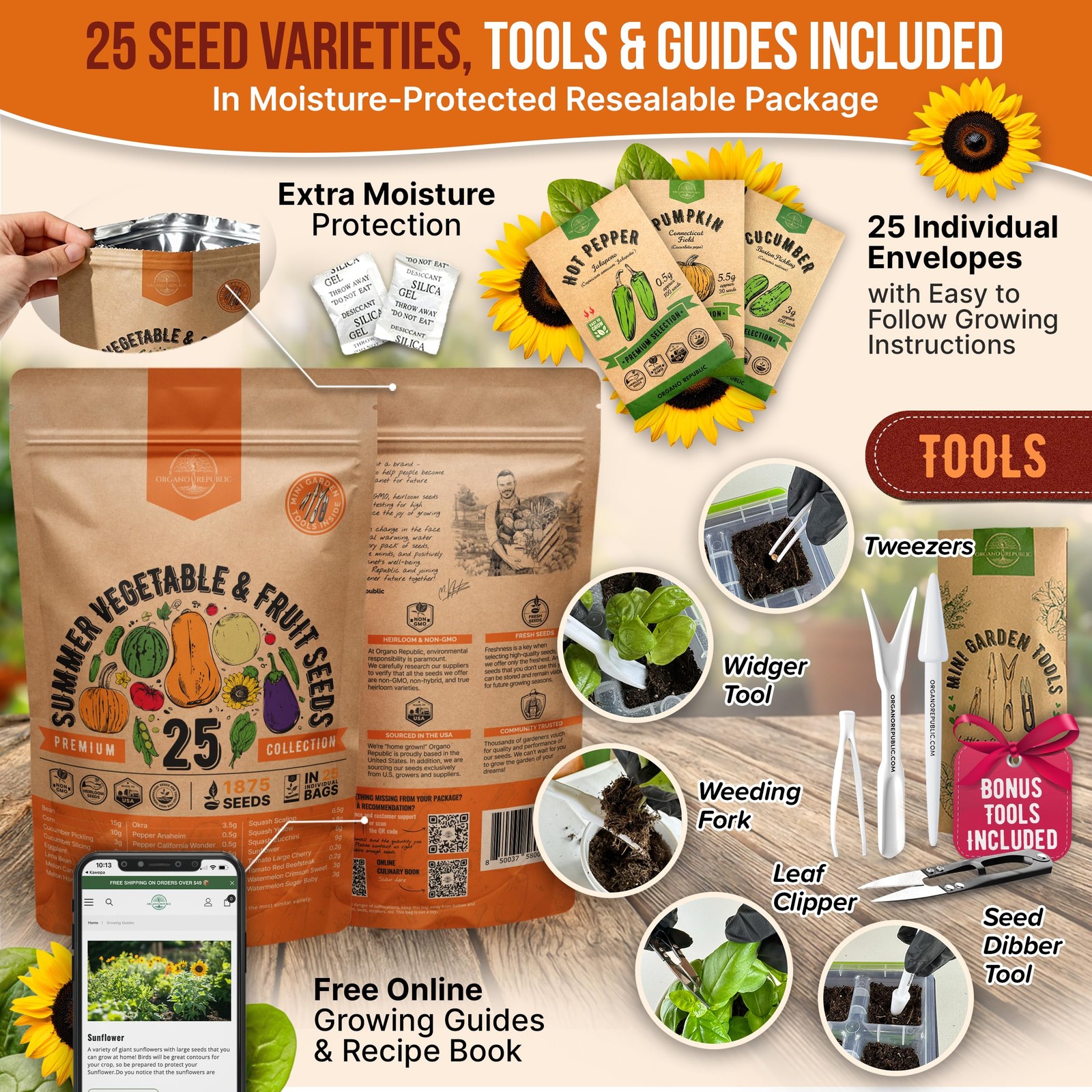 25 Summer Vegetable & Fruit Seeds Variety Pack – 1,870+ Non-GMO Heirloom Vegg…
