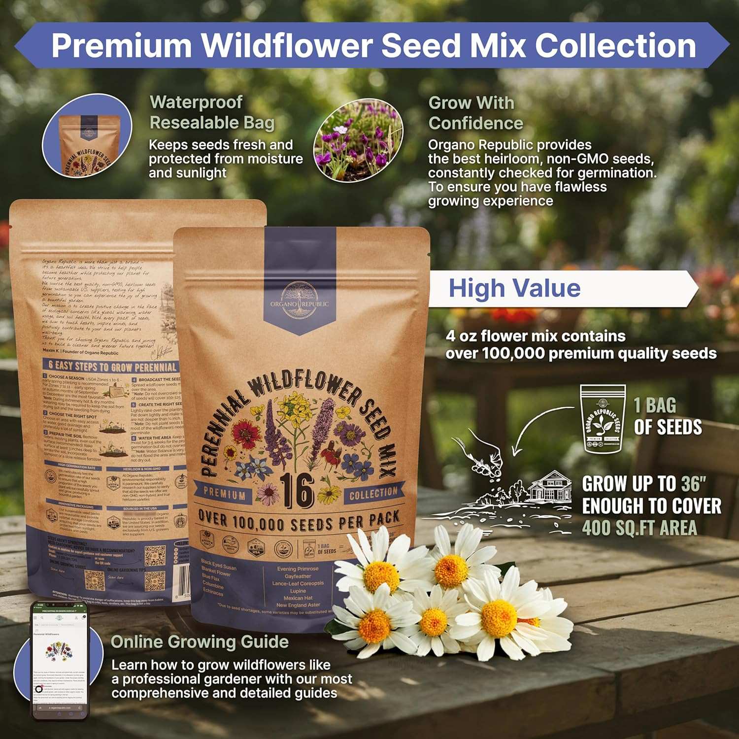 16 Perennial Wildflower Seeds Mix for Indoor & Outdoors. 100,000+ Non-Gmo, Heirl