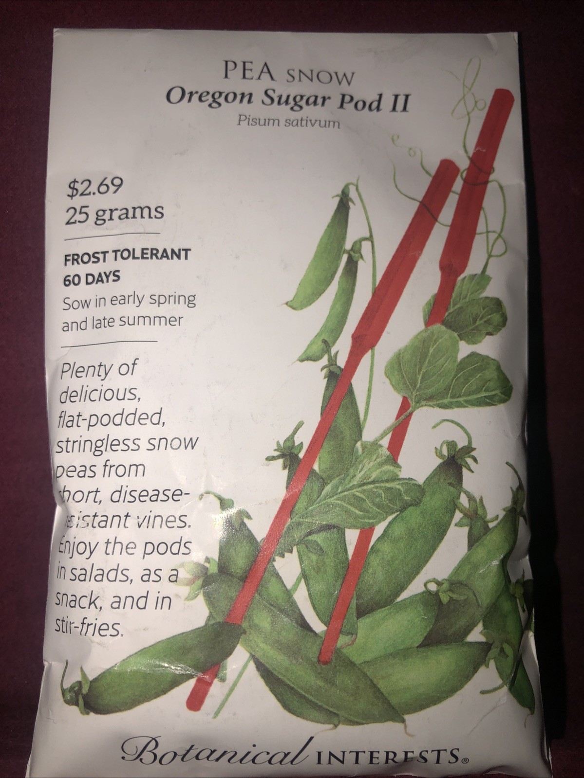 Snow Pea Oregon Sugar Pod II Heirloom Seeds Botanical Interests Exp. 12/2024