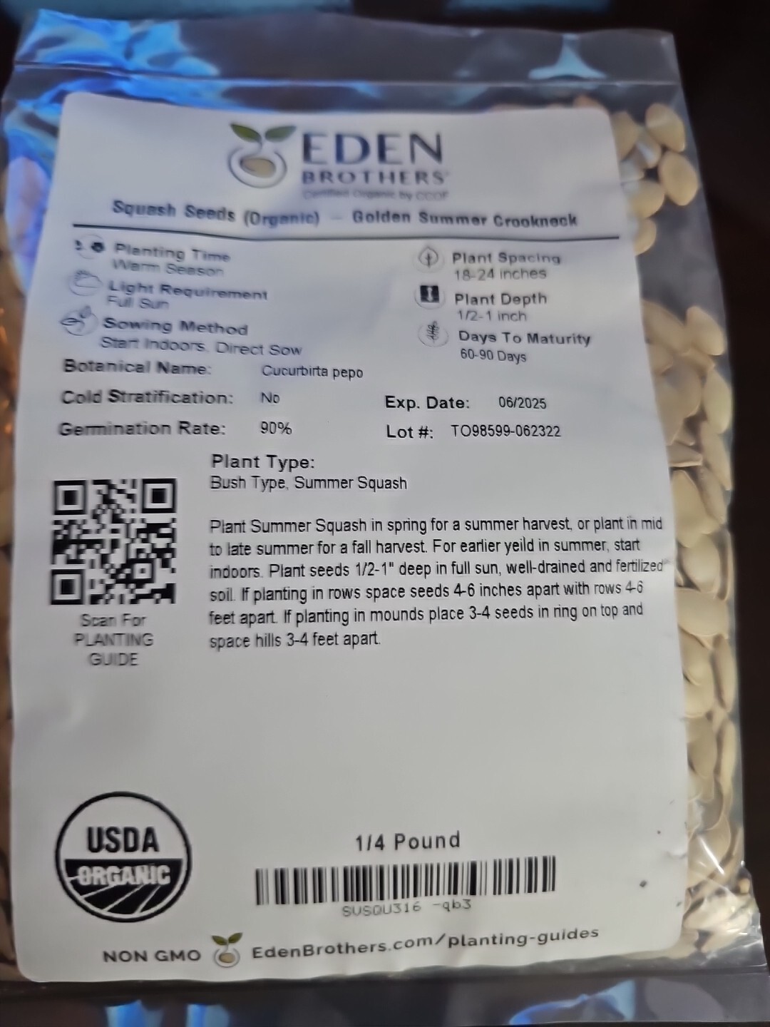 Eden Brothers Organic Squash Golden Summer Crookneck Seeds 1/4 Pound