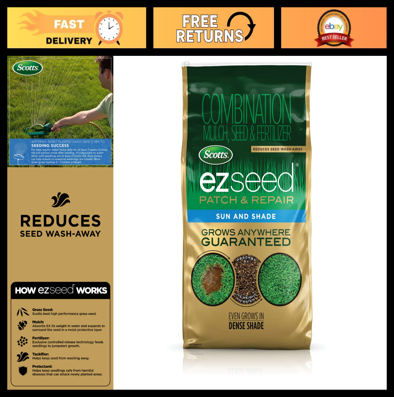 EZ Seed Patch & Repair – Sun & Shade Grass Seed, Fertilizer, 10 lbs for Bare Spo