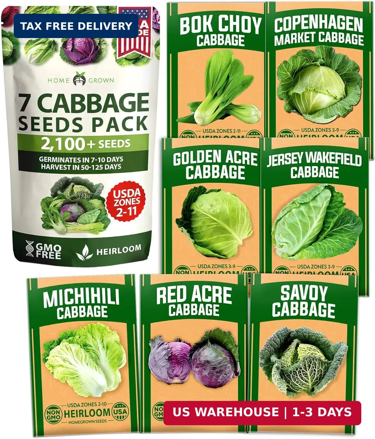 HOME GROWN Cabbage Seeds 7 Variety Mix 2000+ Heirloom Non-GMO, High Germination,