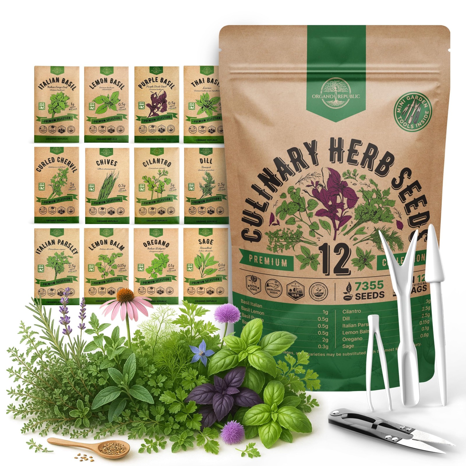 Organo Republic 12 Culinary Herbs Seeds Variety Pack 7,355+ Heirloom, NonGMO…