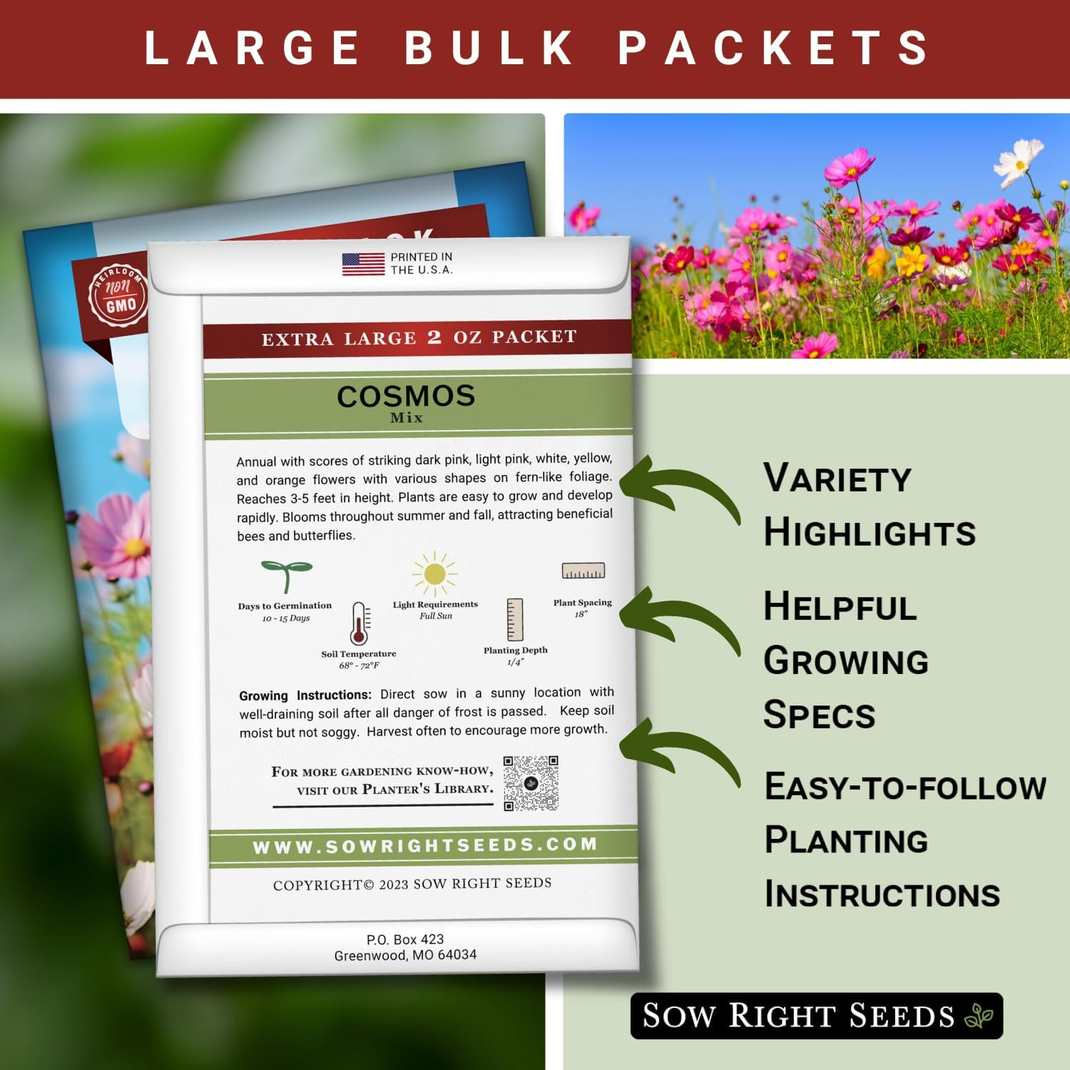 – Bulk Mixed Cosmos Seeds for Planting – 2 Ounce, 8500 Seeds – Non-Gmo Heirloom