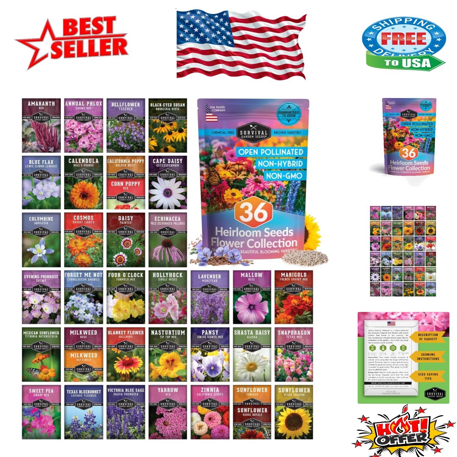 All-Season Flower Seeds Garden Kit – 36 Varieties to Attract Bees & Butterflies