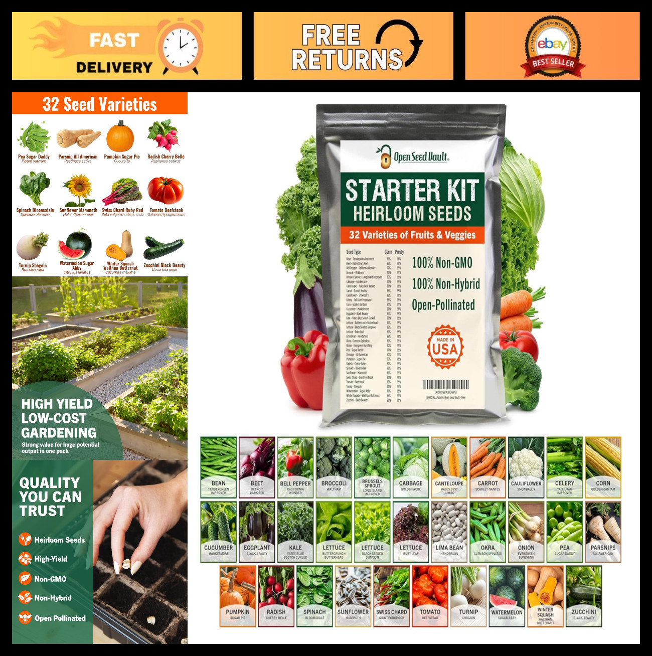 15,000 Heirloom Seeds – 32 Varieties for Survival Gardening | Non-GMO Veggies &