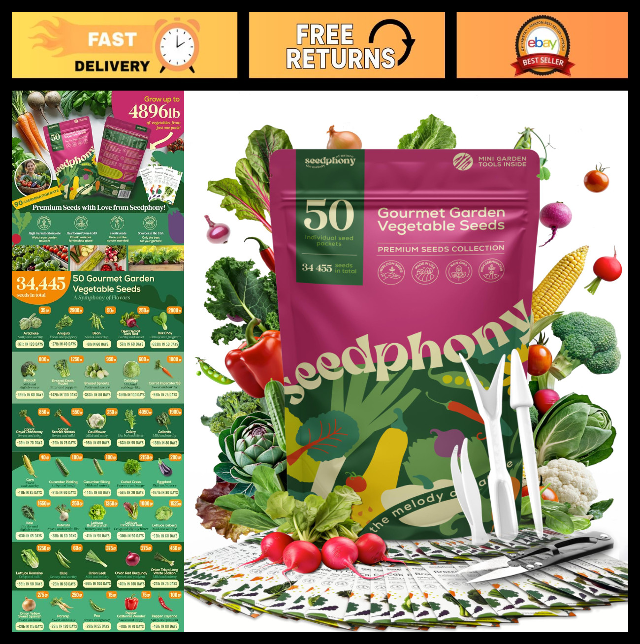 50 Gourmet Vegetable Seeds Variety Pack – Non-GMO Heirloom Seeds for Indoor/Outd