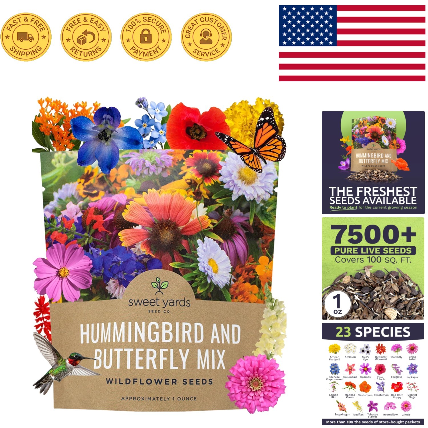 Wildflower Seeds for Butterfly & Hummingbird Garden – 1 Ounce, 7,500 Seeds