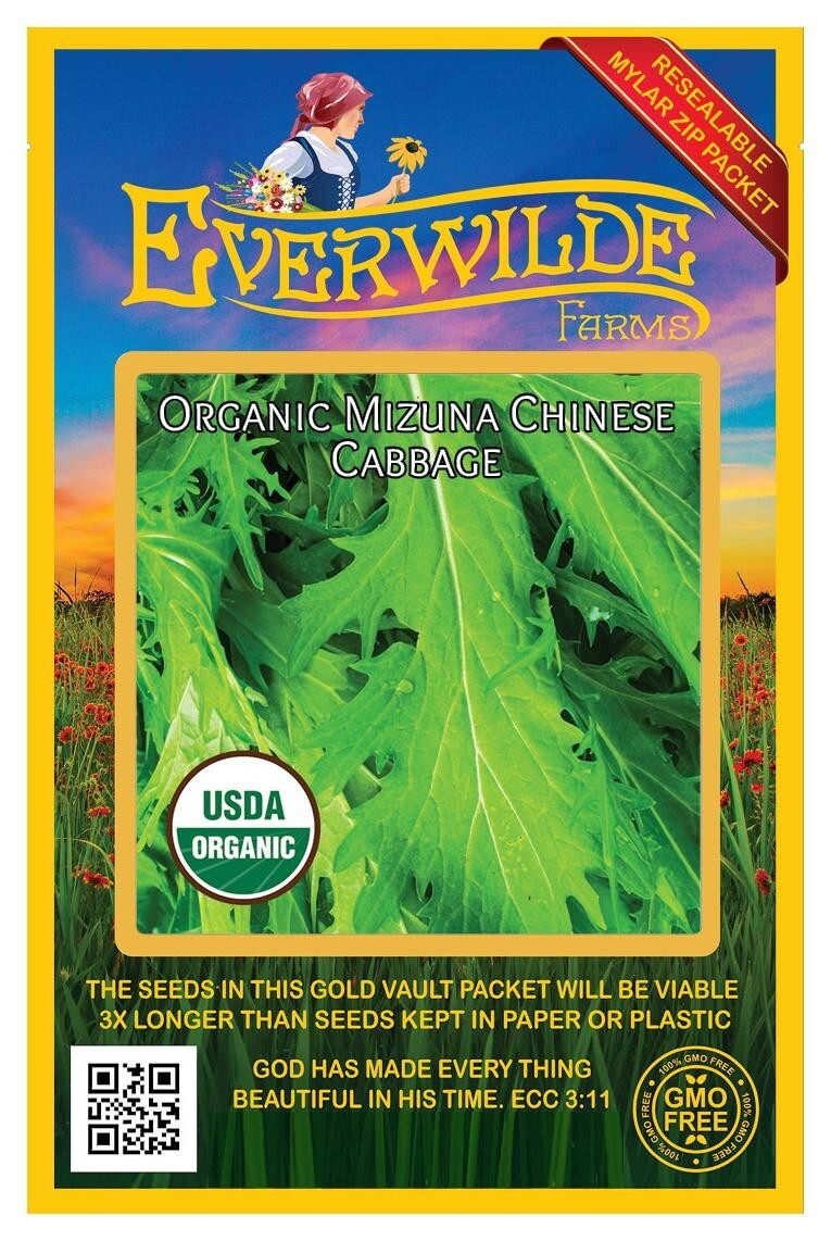 1 Oz Organic Mizuna Chinese Cabbage Seeds – Everwilde Farms Mylar Seed Packet
