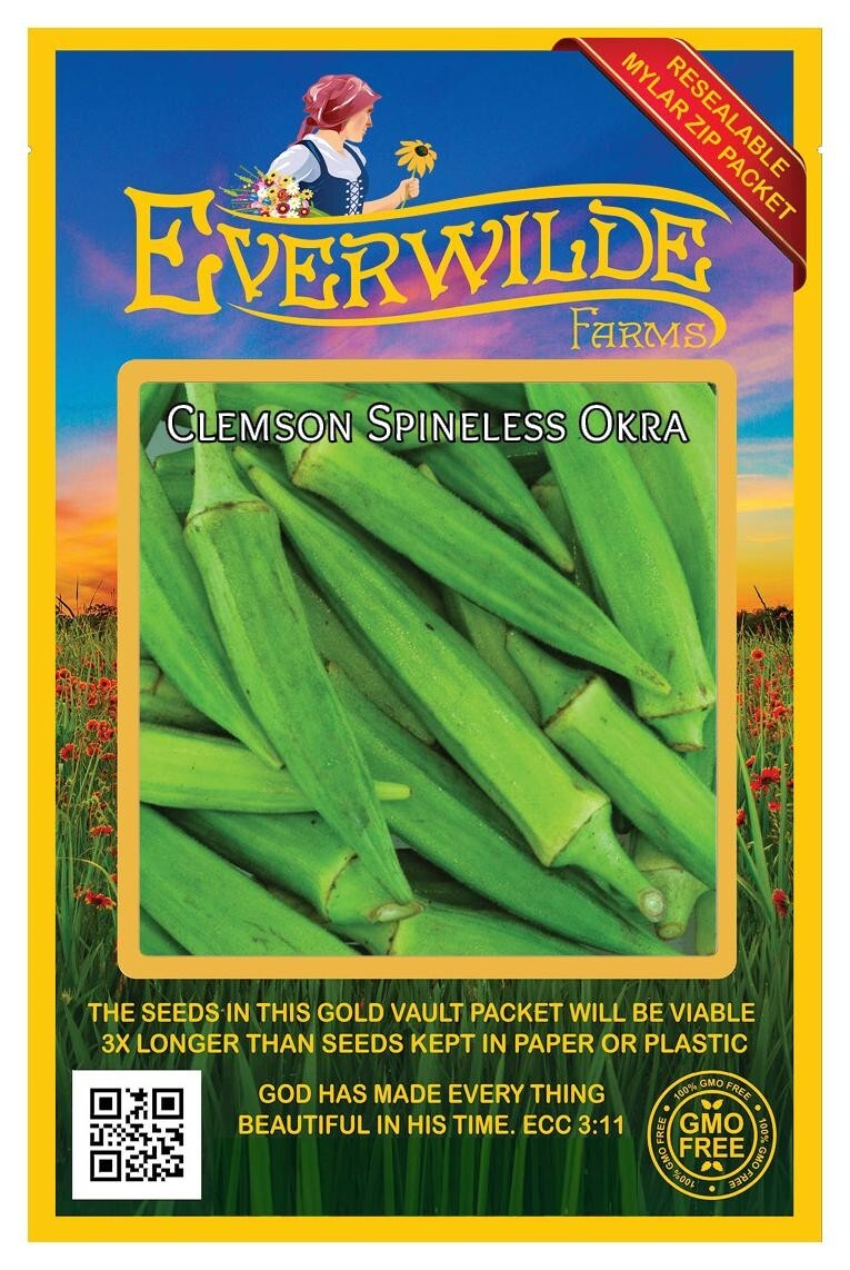 100 Clemson Spineless Okra Seeds – Everwilde Farms Mylar Seed Packet