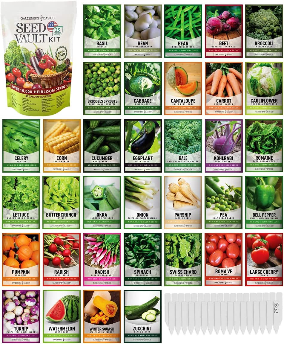 Survival Vegetable Seeds Garden Kit Non-Gmo, Heirloom 35 Varieties and Free Plan