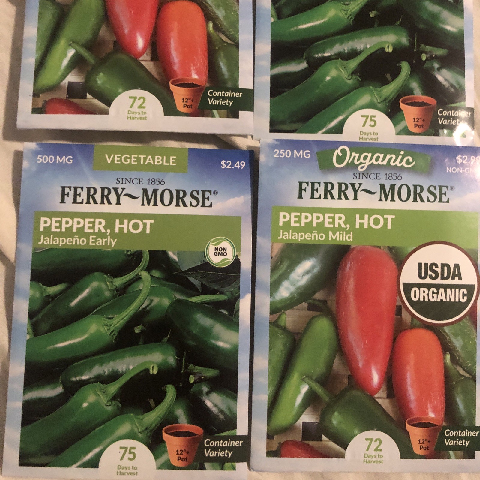 4 packs Hot Pepper Seeds FERRY-MORSE Garden Starters, Jalapeño – 2 Mild, 2 Early
