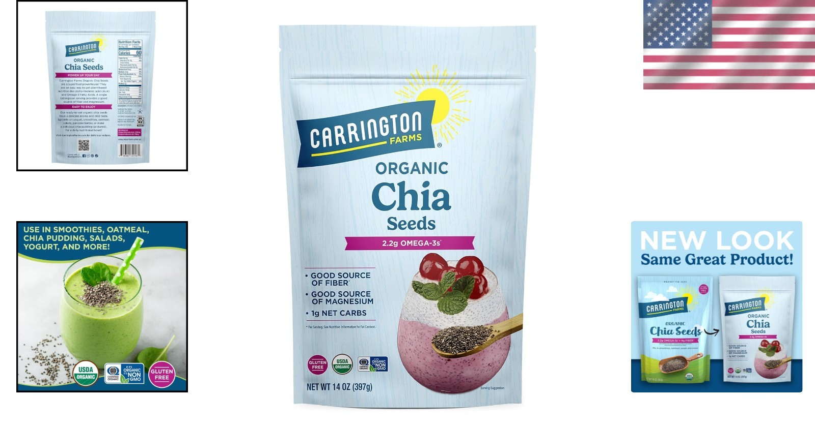 USDA Organic Chia Seeds, Gluten Free, 14 Oz Resealable Pouch for Nutrient Boost