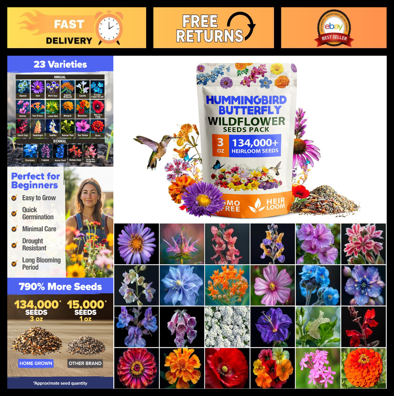 Premium Wildflower Seeds Bulk Mix – 134,000+ Non-GMO Native Flower Seeds for But