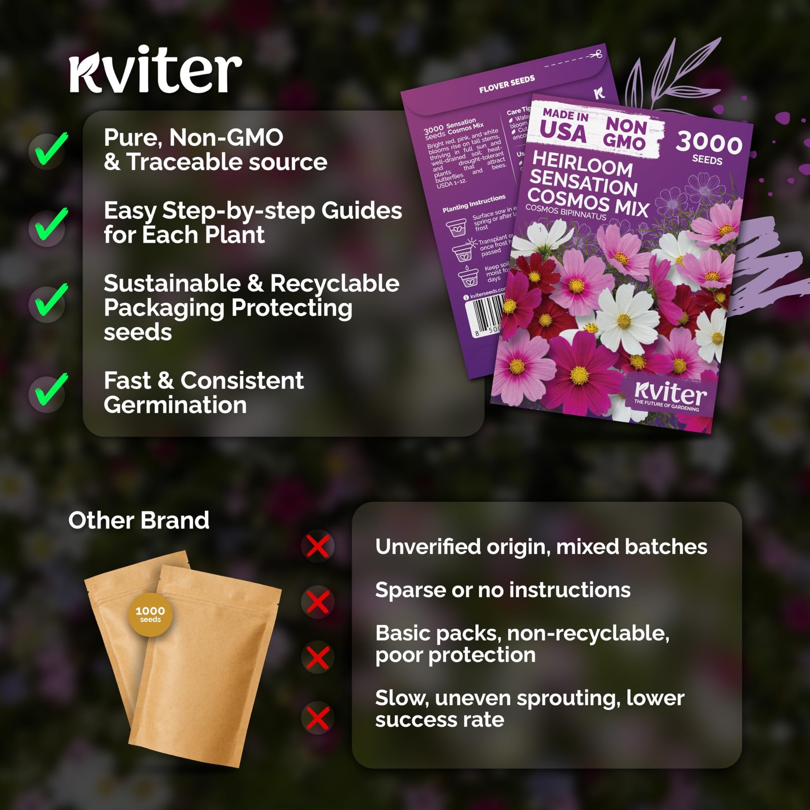 Cosmos Seeds Mix for Outdoor Garden – Non-GMO Annual Flower Seed Packets