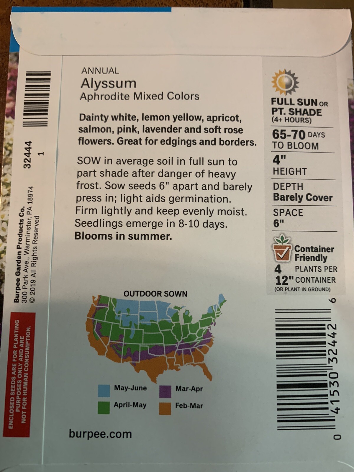 Burpee Alyssum Aphrodite Mixed Colors Flower Seed Packet Mix Annual Partial Sun