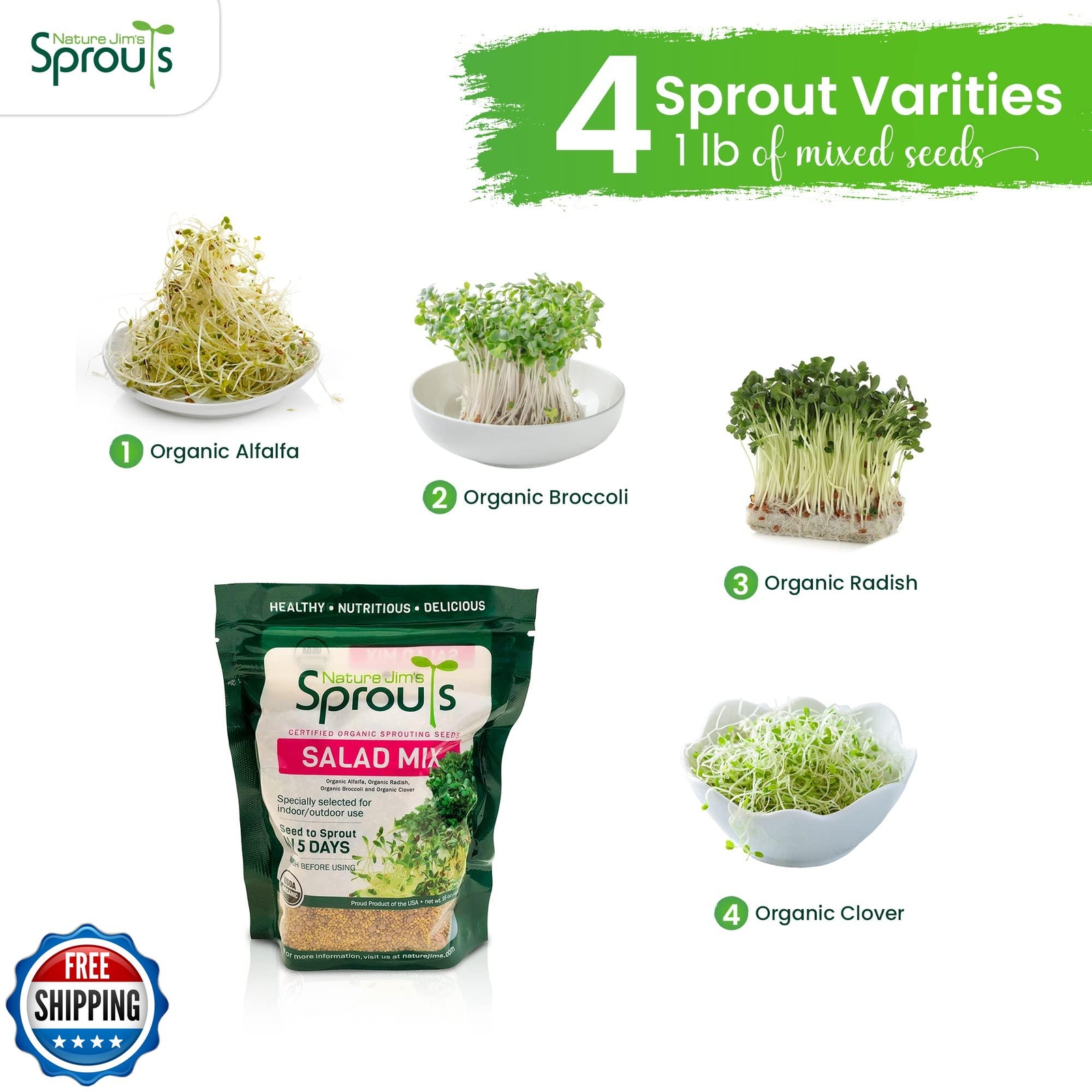 Nature Jims Sprouts Salad Sprout Mix – Organic Salad Mix for Growing – Non-GM