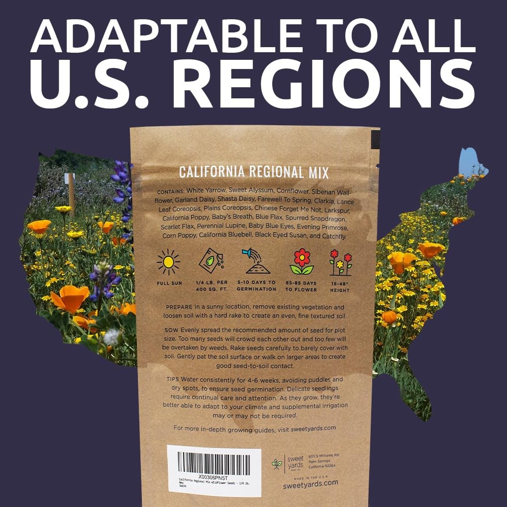 California Wildflower Seed Mix 1/4 lb Bulk 30,000+ NonGMO Seeds