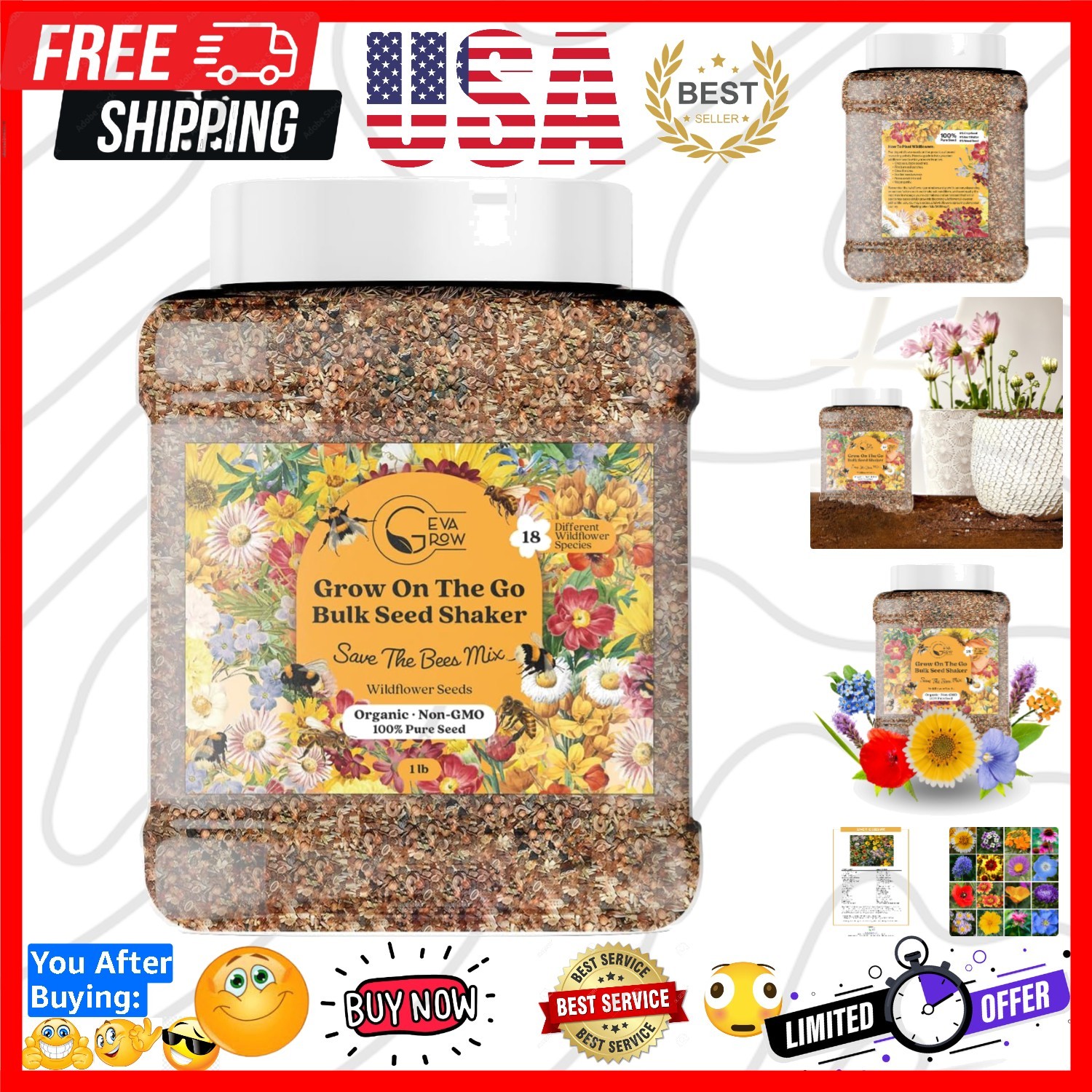 Save the Bees Wildflower Mix 1LB Tub – 300,000+ Seeds for Bee-Friendly Gardens