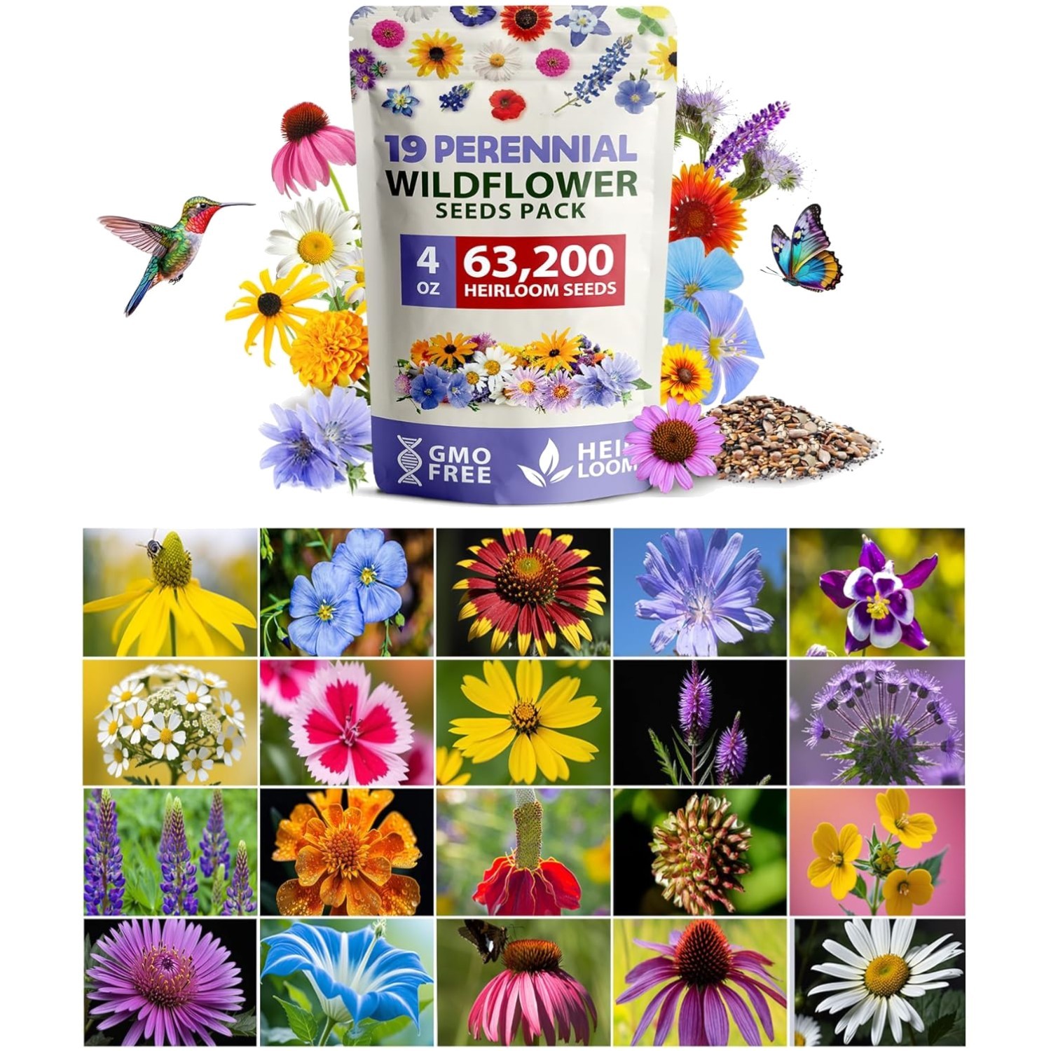 Attract Butterflies & Hummingbirds – 63,200+ Wildflower Seeds Bulk Perennial Mix