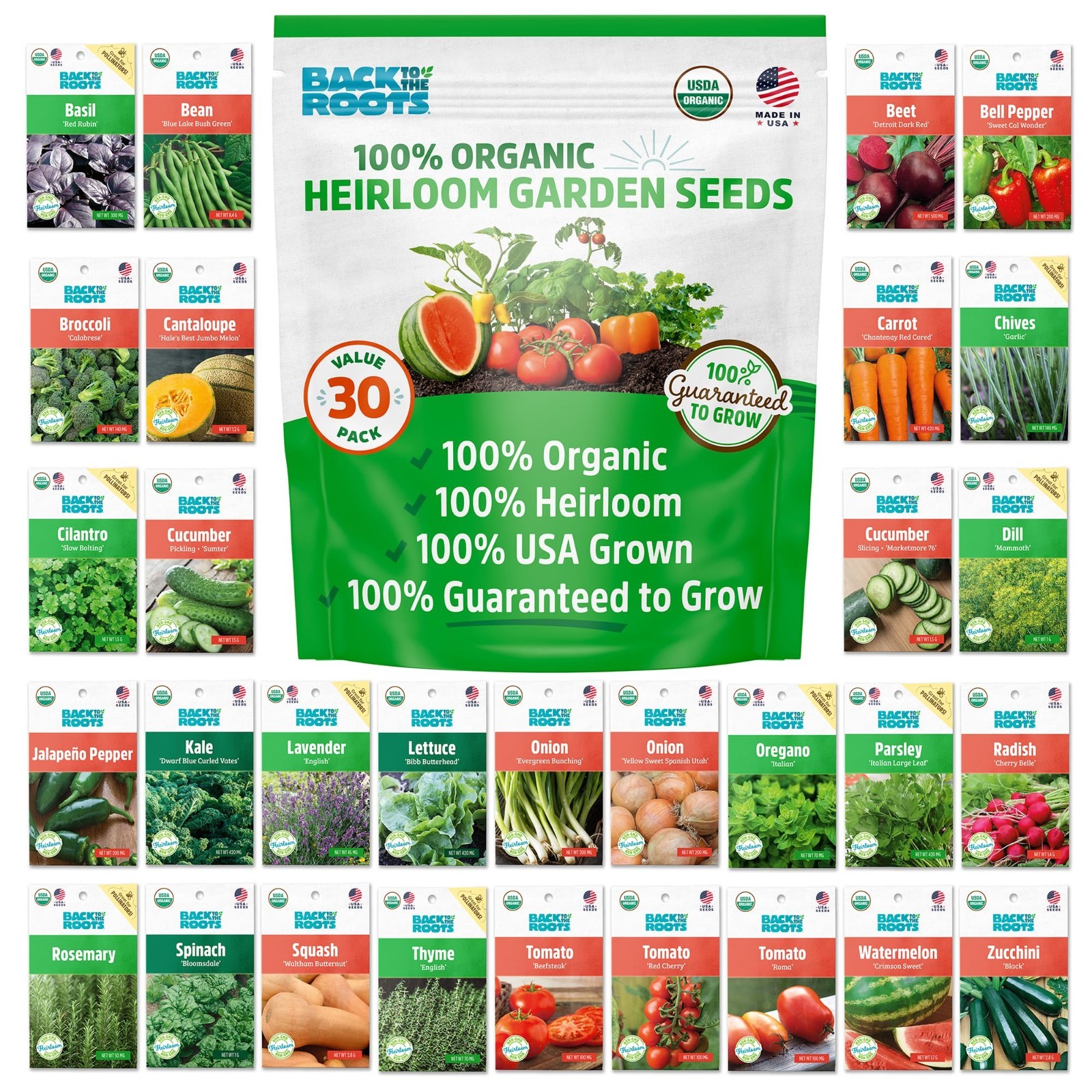 Heirloom Organic Non-GMO Seeds 30ct – Herb, Fruit & Veggie Assortment, Guarantee