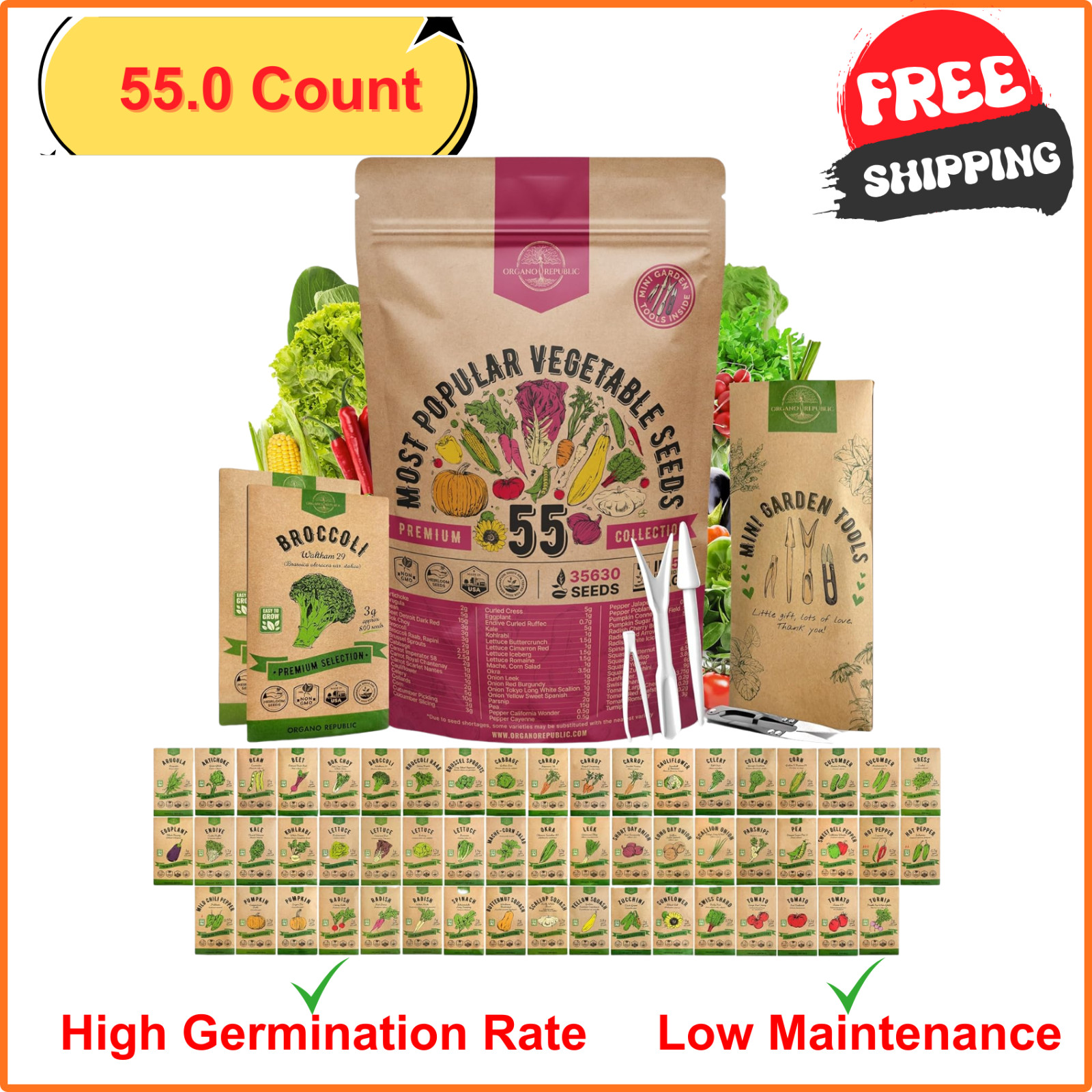 55 Vegetable Seeds Variety Pack – 35,600 + Non-GMO Heirloom Seeds for Planting