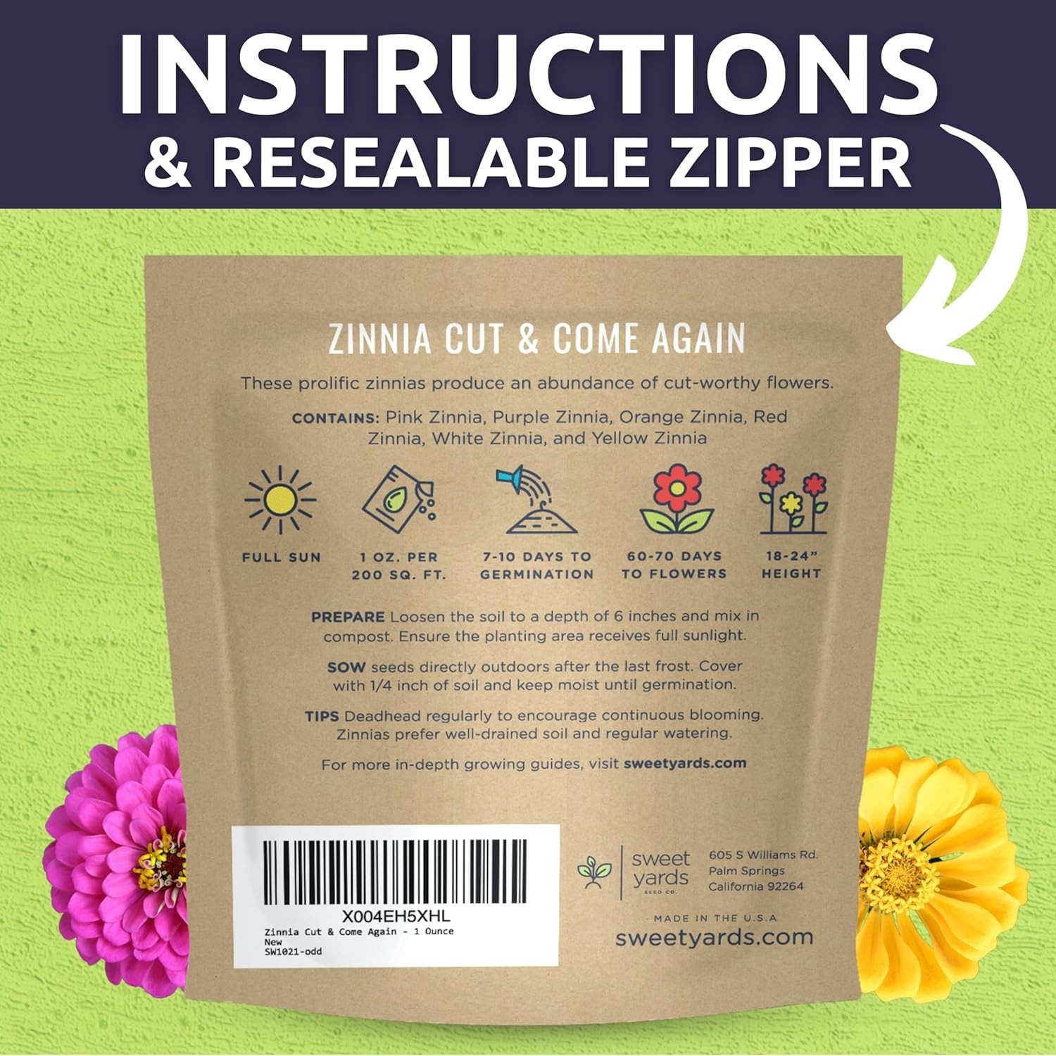 Zinnia Cut & Come Again Mix – Large 1 Ounce Packet – 4,000 Flower Seeds for P…