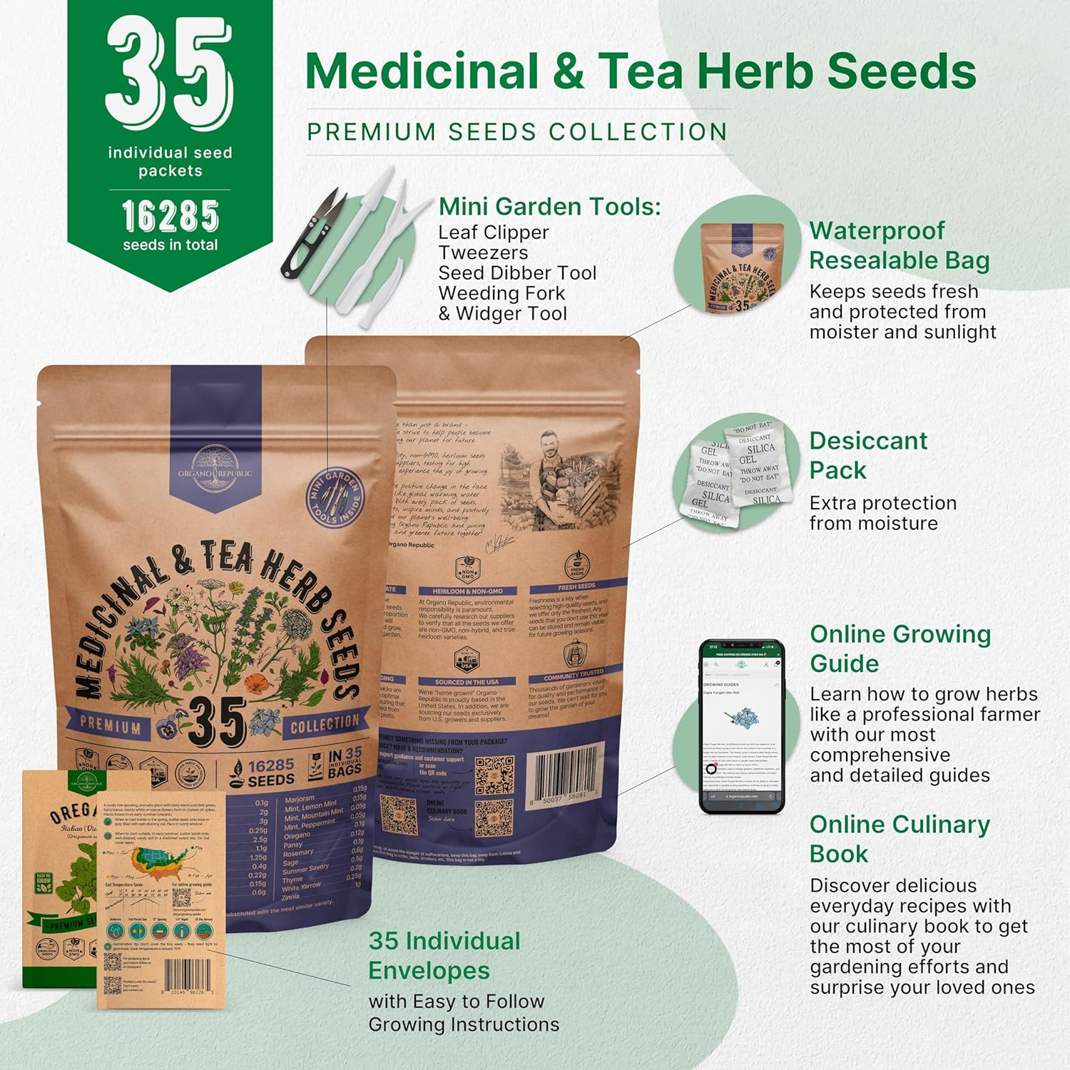 35 Medicinal & Tea Herb Seeds Variety Pack for Indoor & Outdoors. 16,335+ Non-Gm