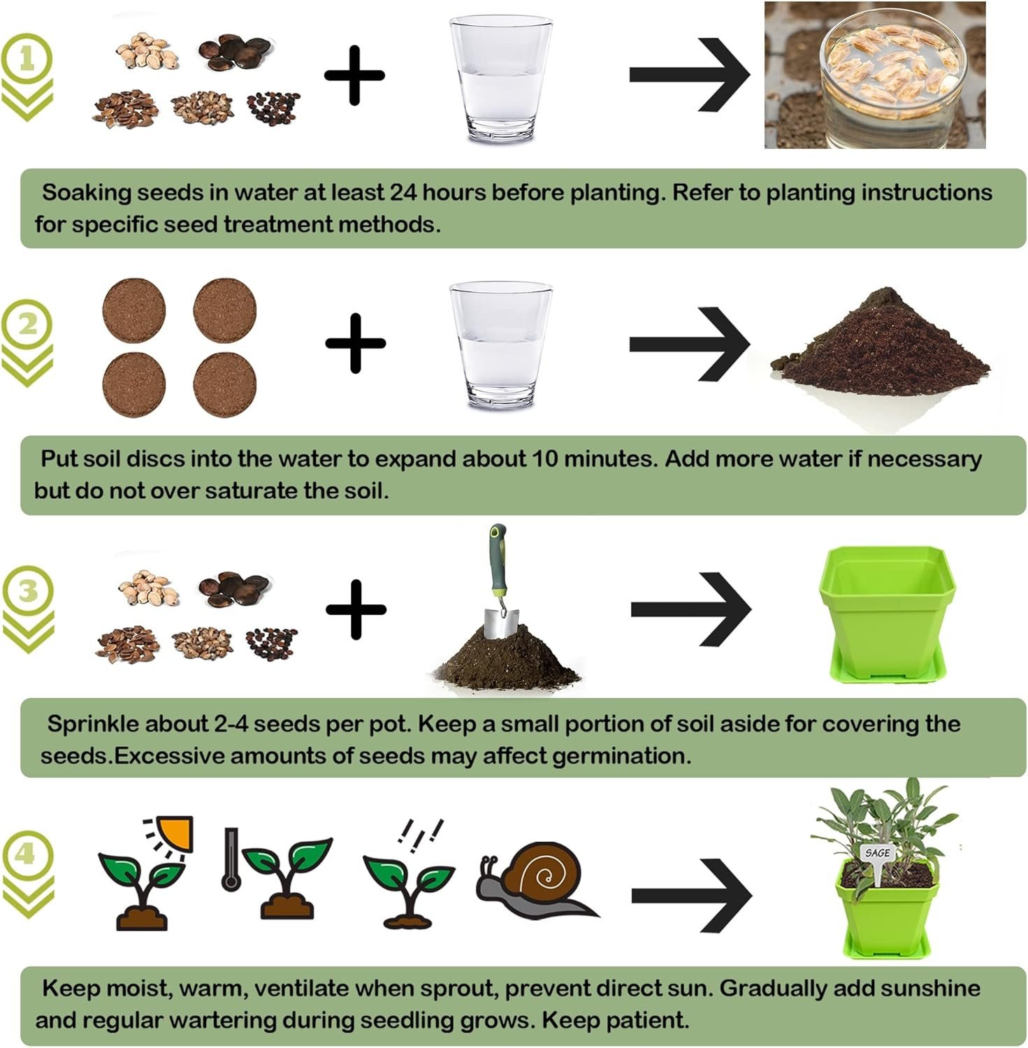 10 Herb Seeds Garden Starter Grow Kit with Green Pots, Markers, Soil Discs, Wate
