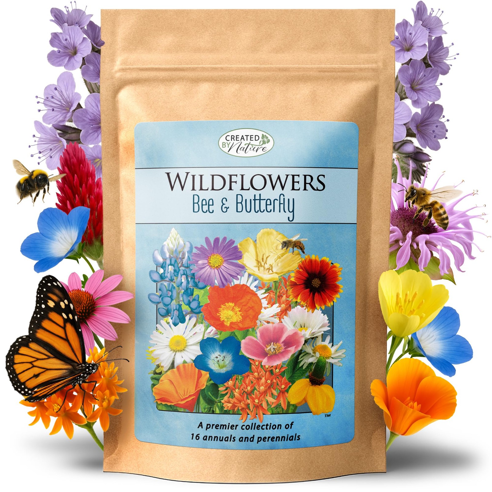 Bee & Butterfly Wildflower Seed Mix, 16 Varieties, 30,000 Seeds