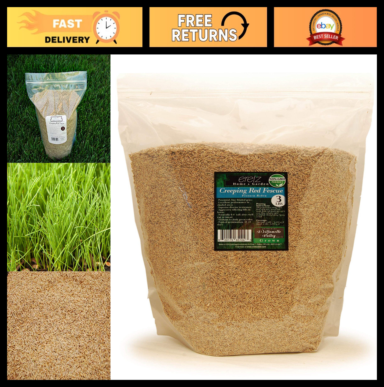 Premium Creeping Red Fescue Grass Seed – 3lb, Oregon Grown, No Fillers, Shade To
