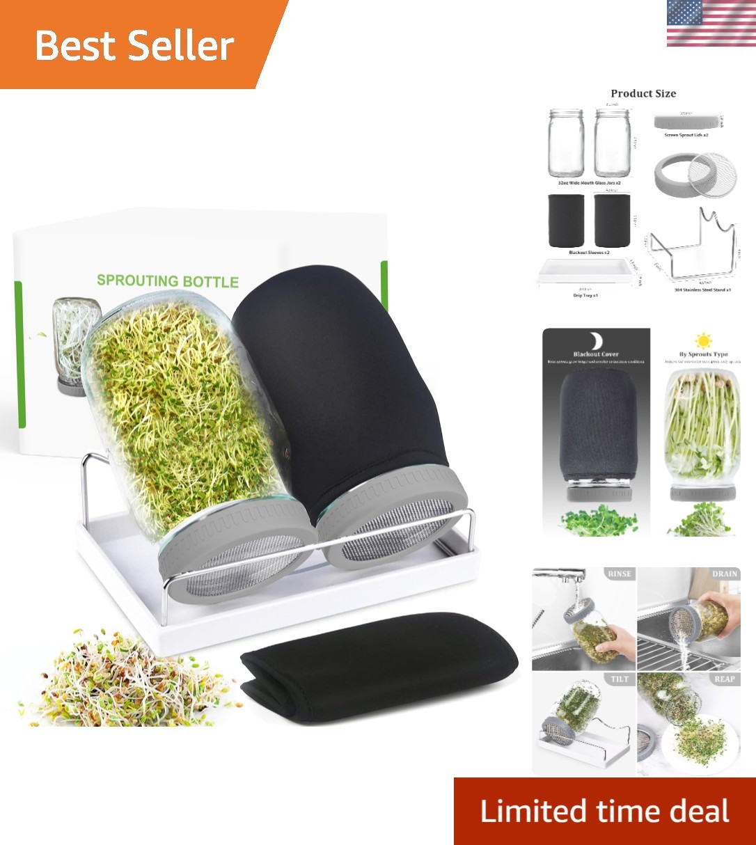 Home Organic Sprouting Kit – 32 oz Mason Jars with Drain Tray & Blackout Sleeves