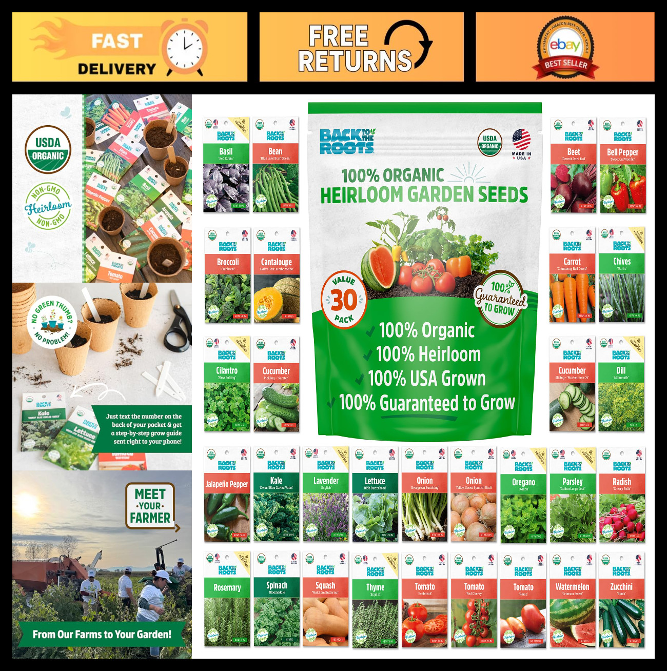 Heirloom Organic Non-GMO Seeds 30ct – Herb, Fruit & Veggie Assortment, Guarantee