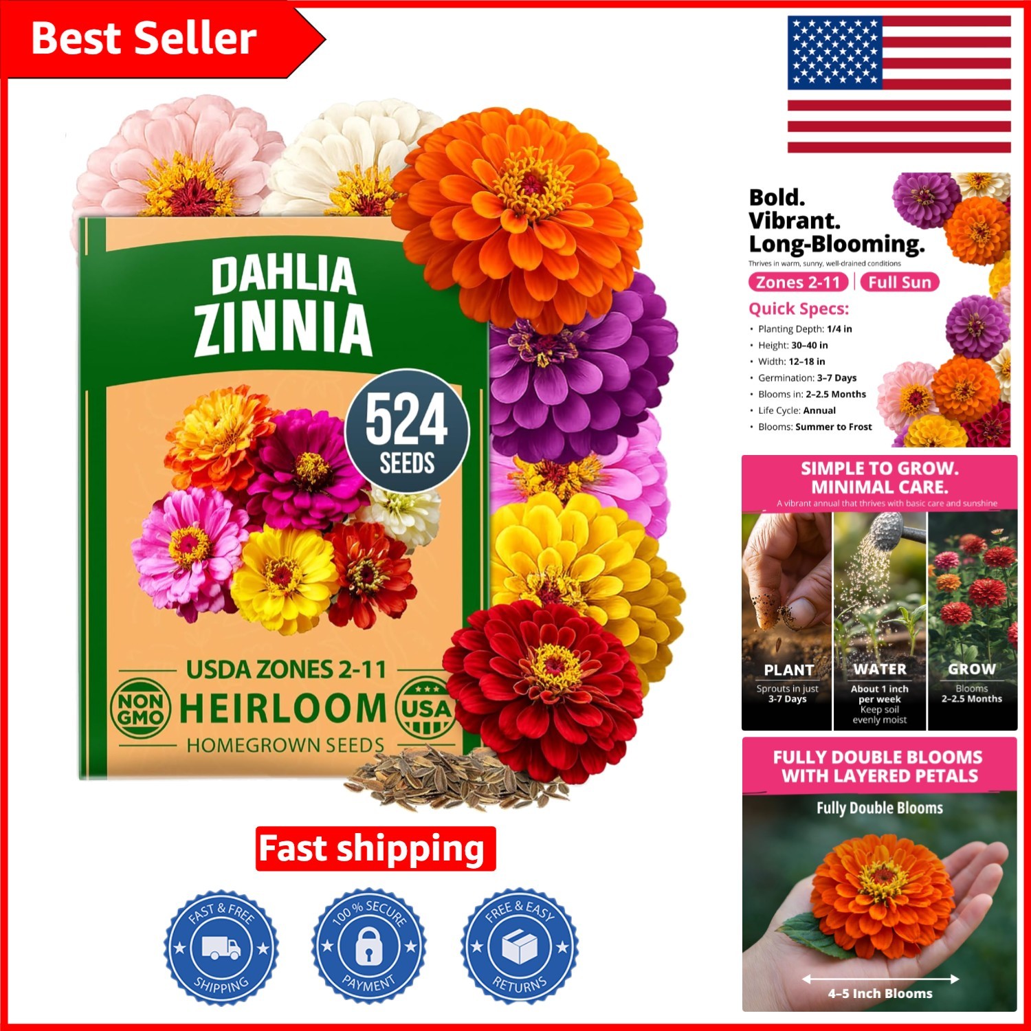 Vibrant Zinnia Dahlia Seeds – 524 Non-GMO Seeds for Pollinator Gardens