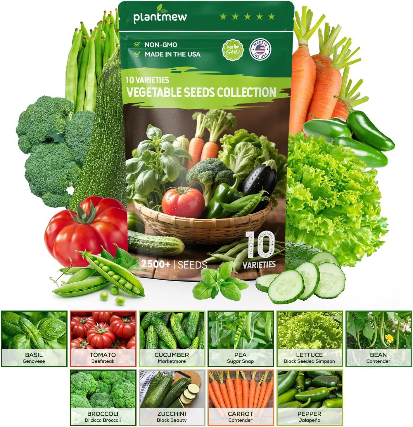 10 Vegetable Seeds Pack – Non GMO, Heirloom – Basil, Snap Pea, Broccoli, Bean, J