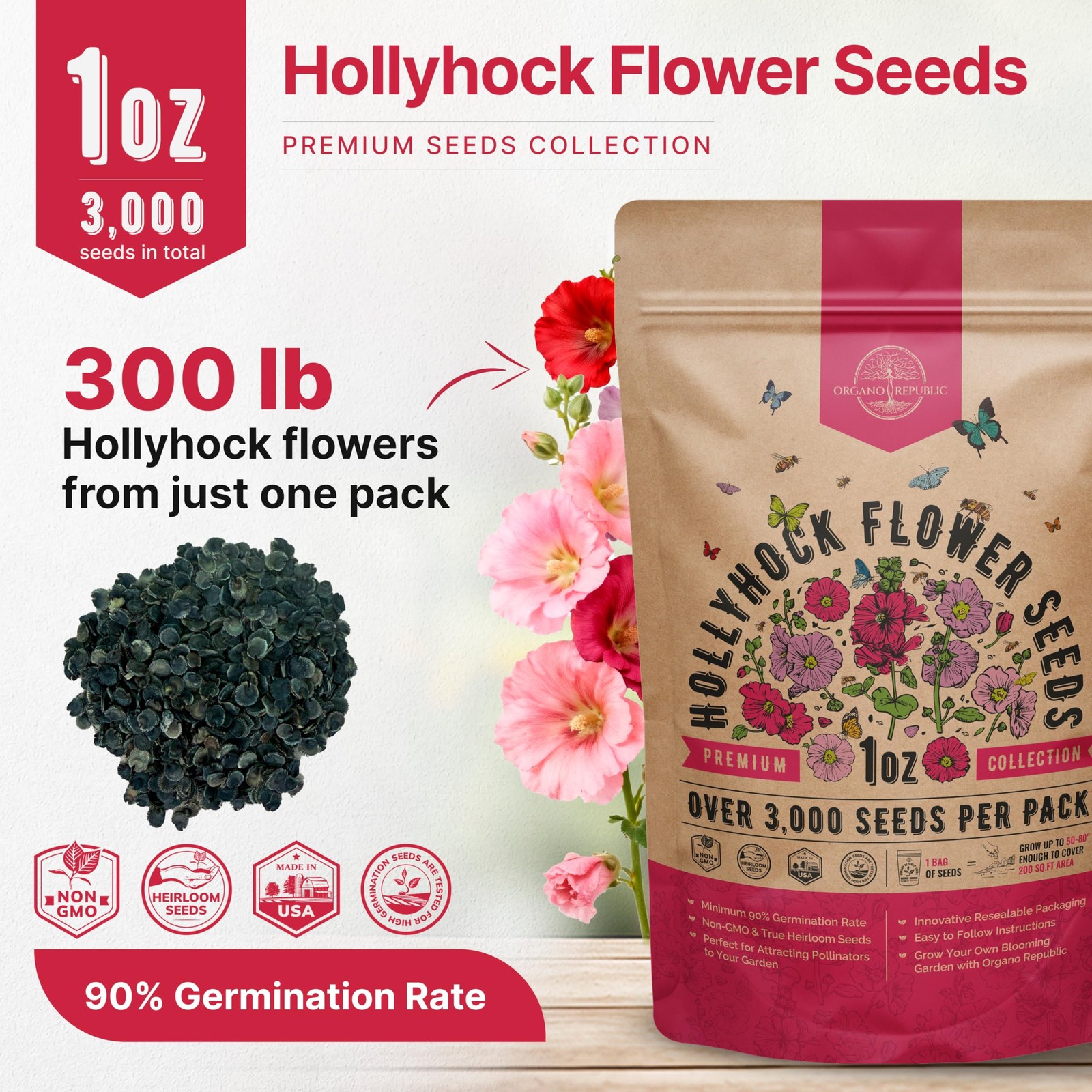 Hollyhock Flower Seeds Pack 1 oz – Over 3,000 Non-GMO Heirloom Hollyhock Seed…