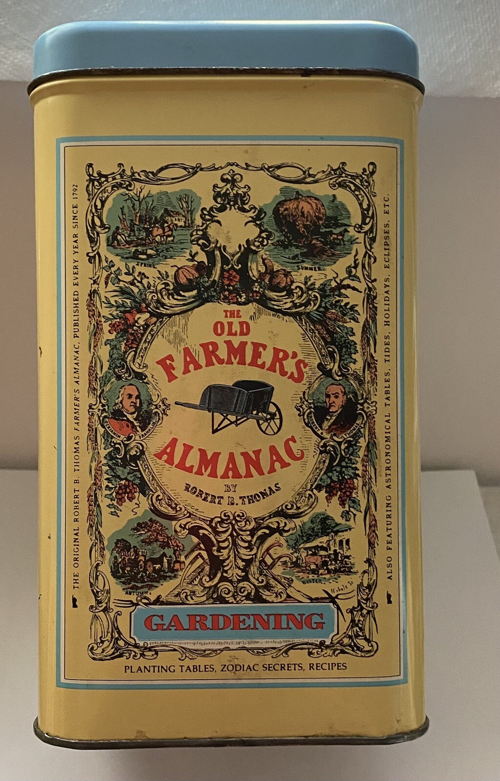 OLD Farmer’s Almanac Horoscopes Metal Tin ROSE OF SHARON SEEDS 9 X 5 TIN W/Seeds