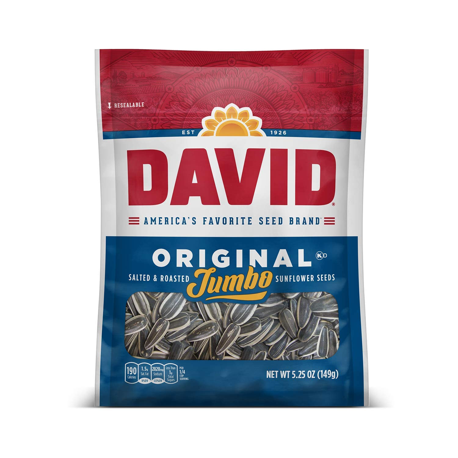 DAVID SEEDS Roasted and Salted Original Jumbo Sunflower Seeds, Keto Friendly, 5.