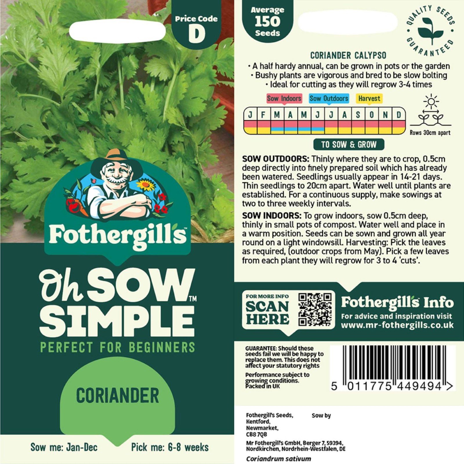Mr. Fothergill’s Coriander Calypso Cilantro Seed Oh Sow Simple, Easy to Grow