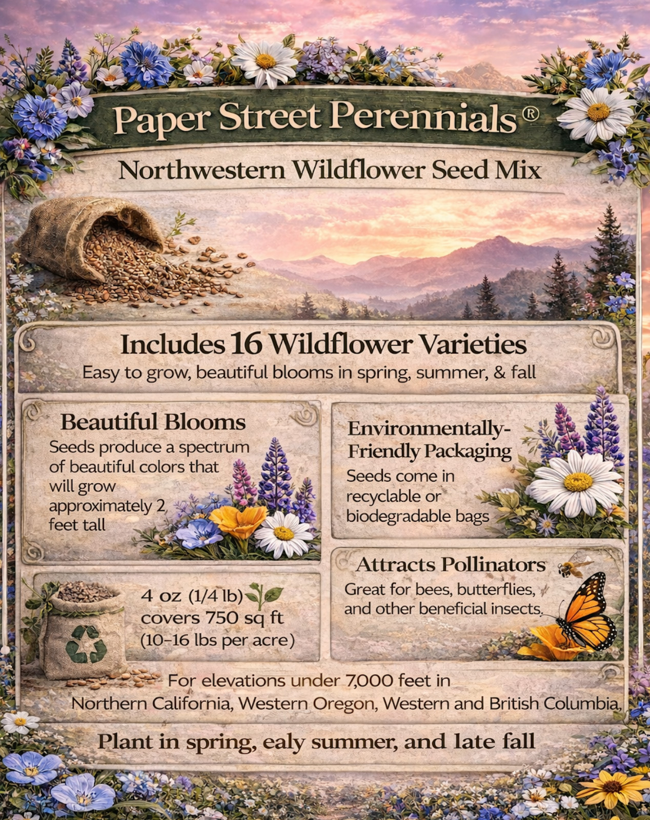 1 Pound Western Washington Bulk Wildflower Seed Mix 1lb Covers 3,000sq-ft