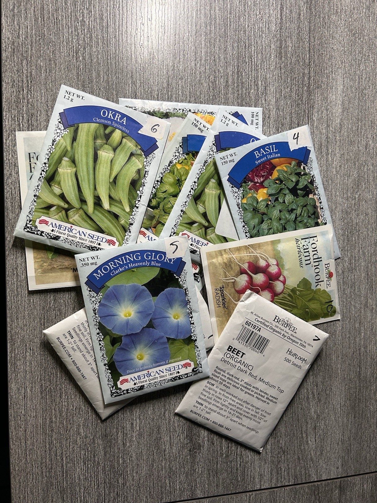 10 Packs Of Seeds Basil, Moss rose, Clarkes Blue, Clemson, Beet, Mammoth, Radish