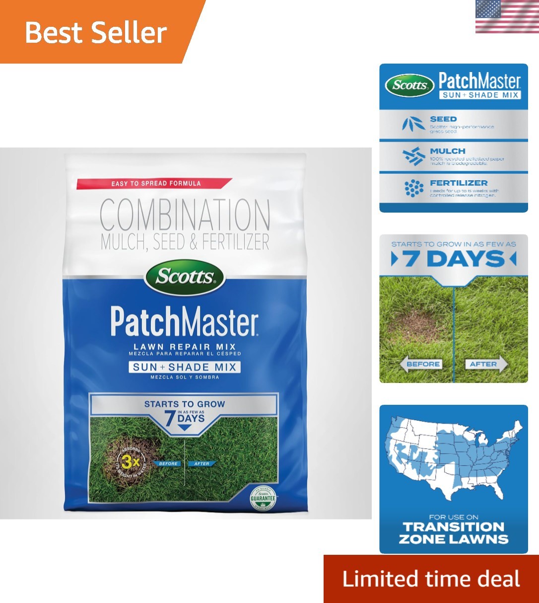 Scotts PatchMaster Lawn Repair Mix Sun + Shade Mix, Combination Grass Seed, Fert