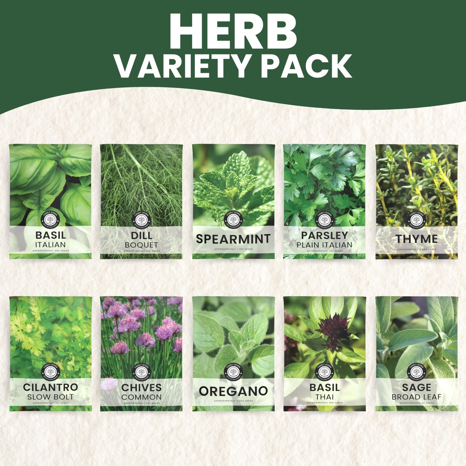 Herb Seeds 10 NonGMO Packs for Indoor & Outdoor Planting Mint, Basil, Thyme
