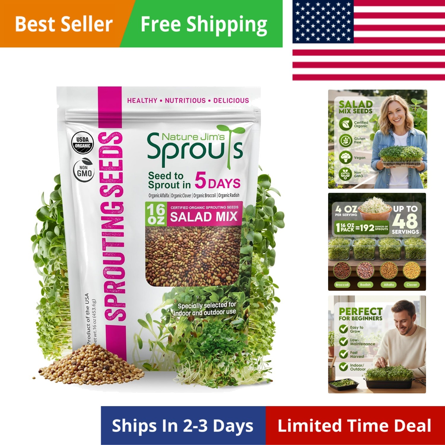 Nature Jim’s Sprouts Organic Salad Mix – Non-GMO Microgreen Seeds, Perfect fo…