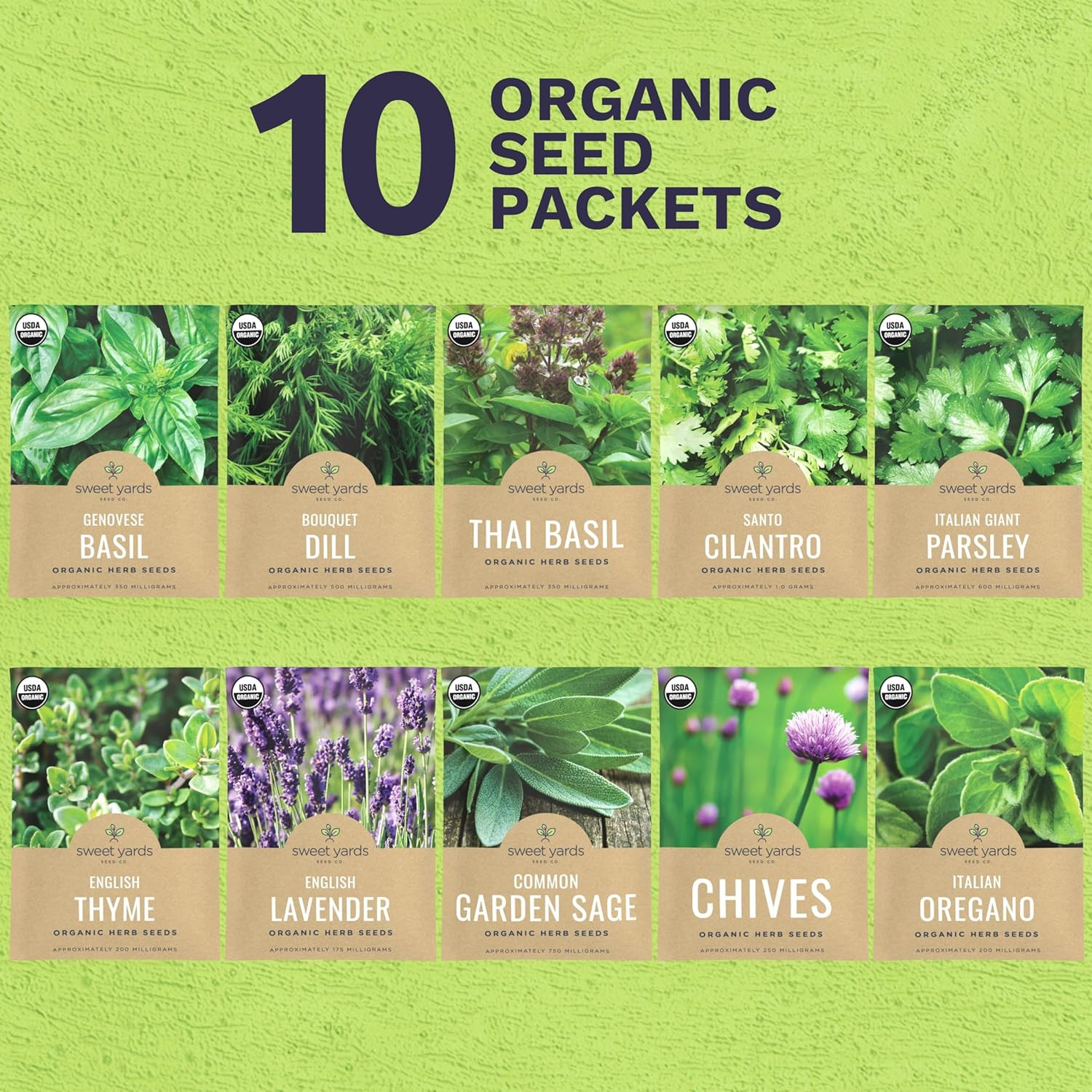Organic Herb Seeds Variety Pack – 10 Individual Packs – 2025 Season – Basil, Cil